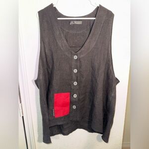 Kedem Sasson Linen Vest Womens OS Black Red Lagenlook Oversized Art To Wear Bold